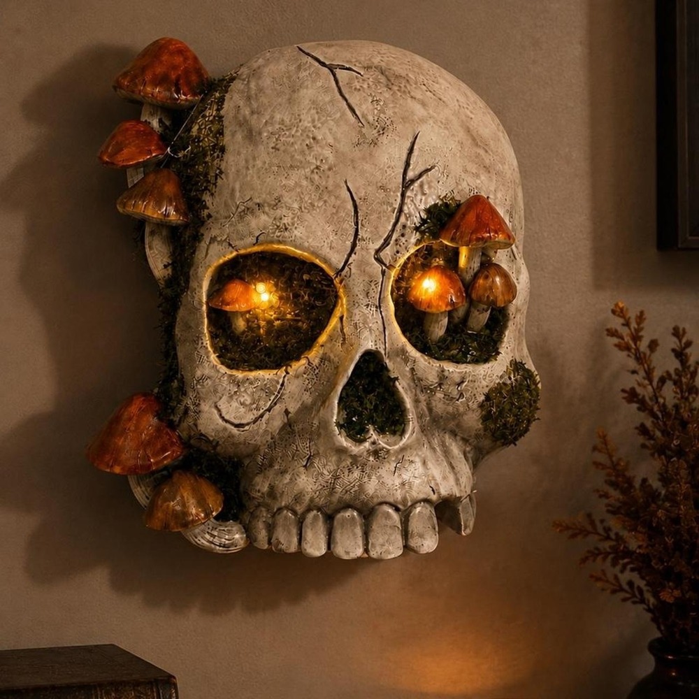 Hallows Eve LED Mushroom Skull Wall Plaque Sculpture with Moss NWT Goblincore